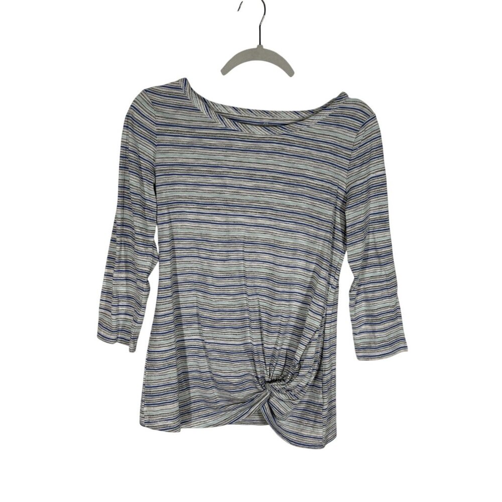 T By Talbots Women XS Gray/Blue/White Striped 3/4 Sleeve Gathered Front Tee NWT